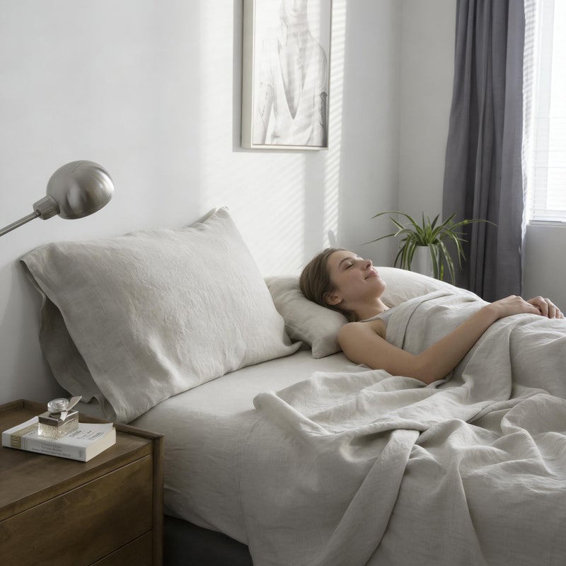 Simple&Opulence 100% Pure Linen Sheet Set Full Size, Natural French Flax Solid Color 4 Pcs Washed Breathable, Farmhouse Bedding (1 Flat Sheet,1 Fitted Sheet,2 Pillowcases)-Embroidery Grey - Image 2